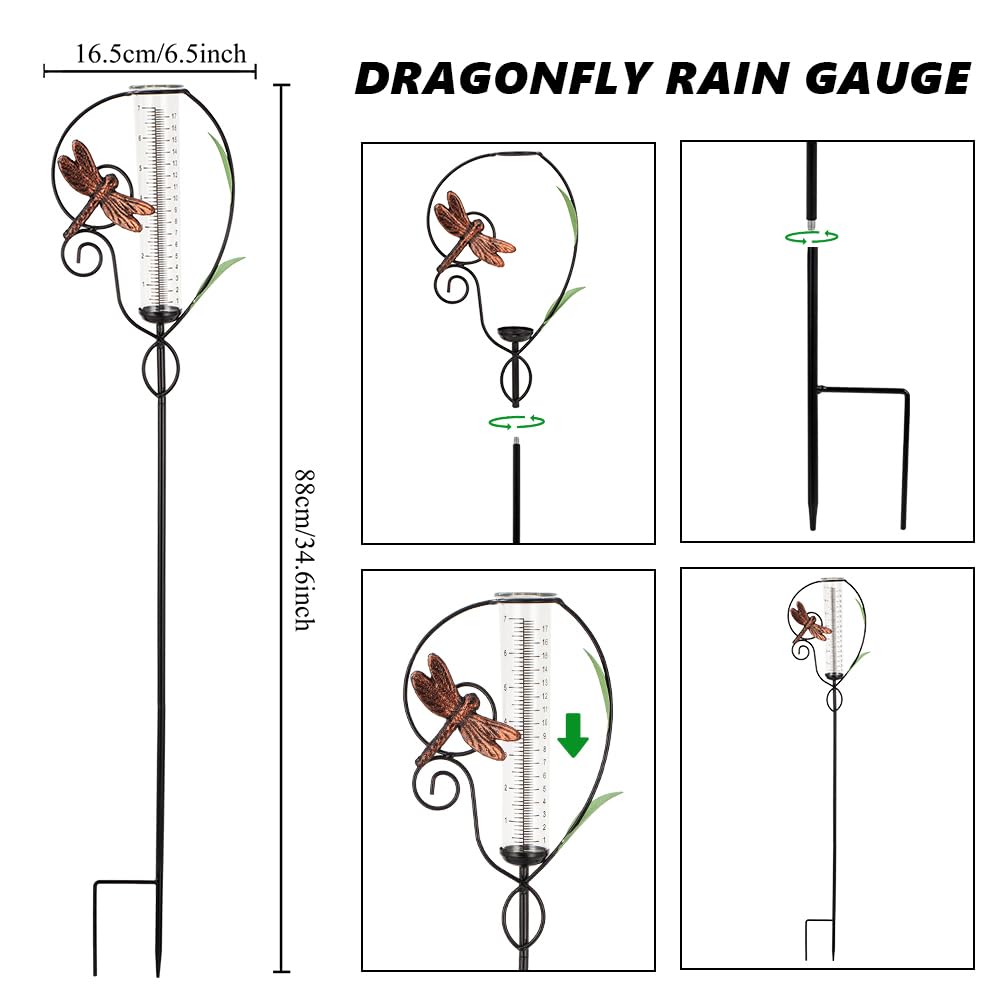 Venniy Dragonfly Rain Gauge includes a garden stake for easy installation.