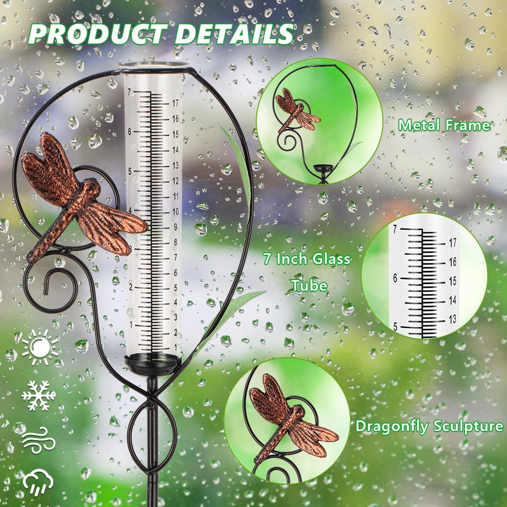 Venniy Dragonfly Rain Gauge showcases a durable metal exterior for outdoors.