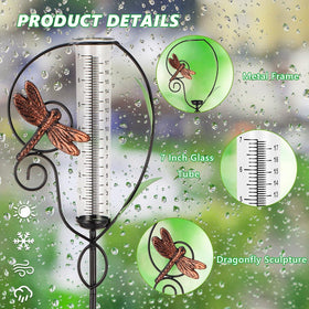Venniy Dragonfly Rain Gauge showcases a durable metal exterior for outdoors.