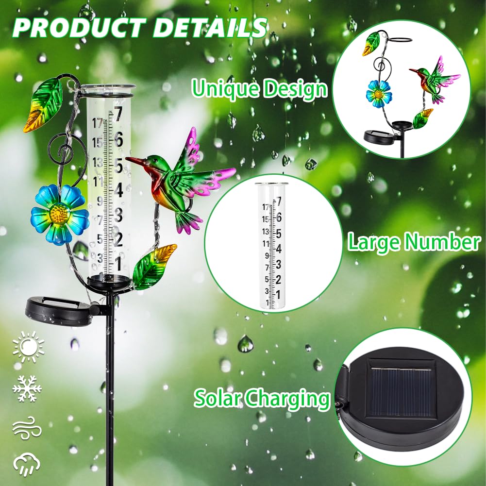 Venniy garden decorative rain gauge with hummingbird enhances outdoor aesthetics while tracking rainfall.