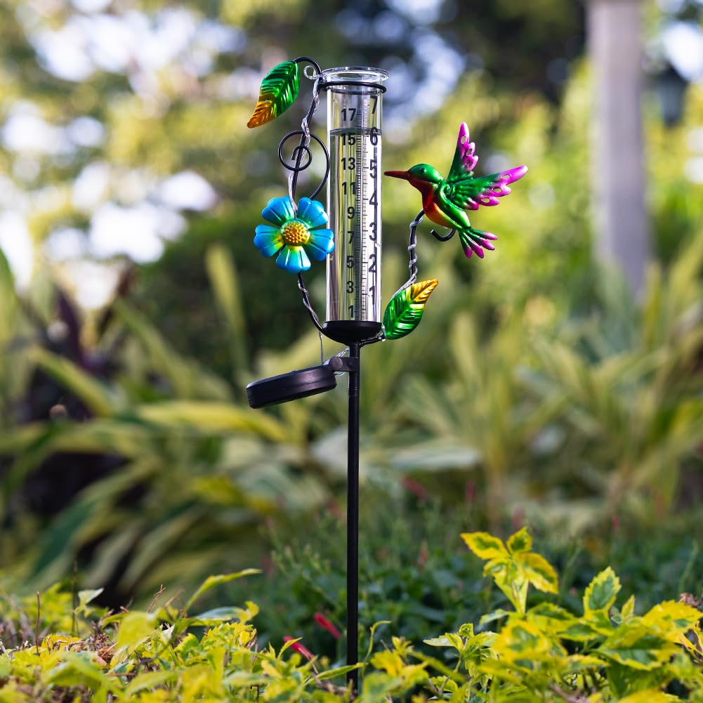 Venniy hummingbird rain gauge LED night lighting helps monitor rainfall after dark.