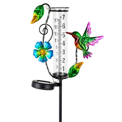 Venniy hummingbird rain gauge outdoor display shows garden rainfall for irrigation planning.
