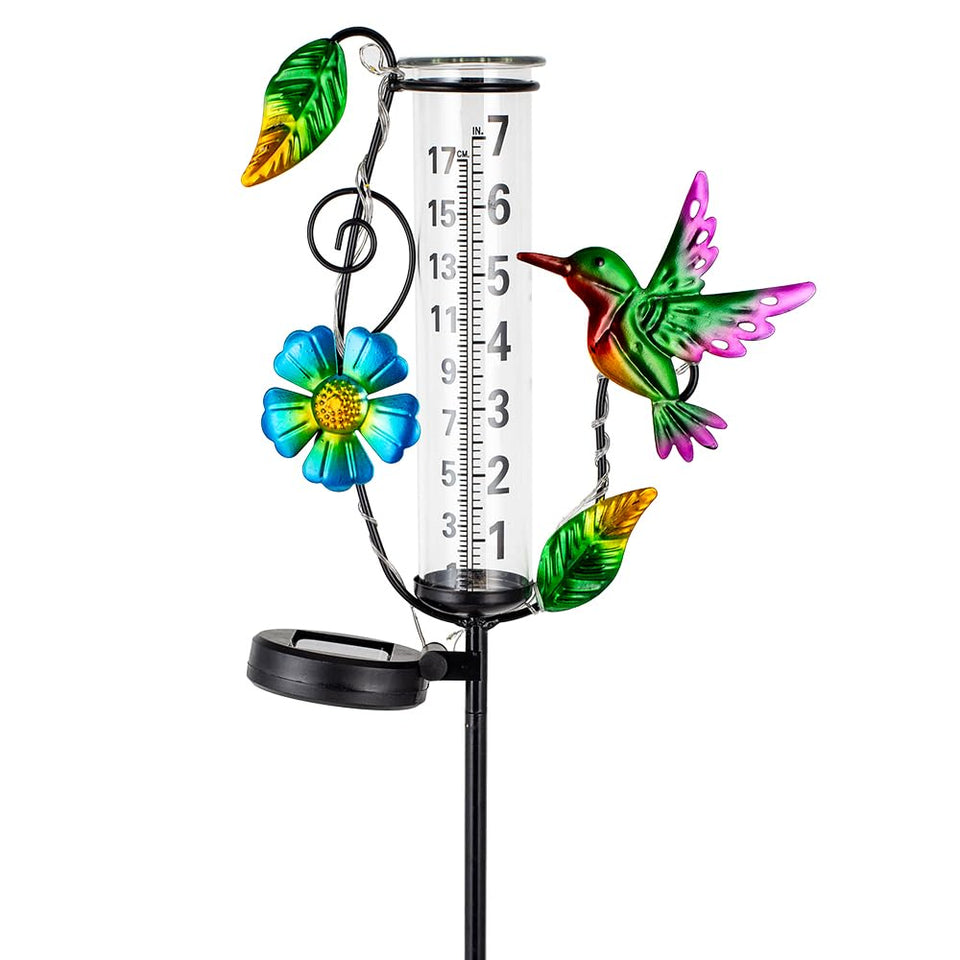 Venniy hummingbird rain gauge outdoor display shows garden rainfall for irrigation planning.