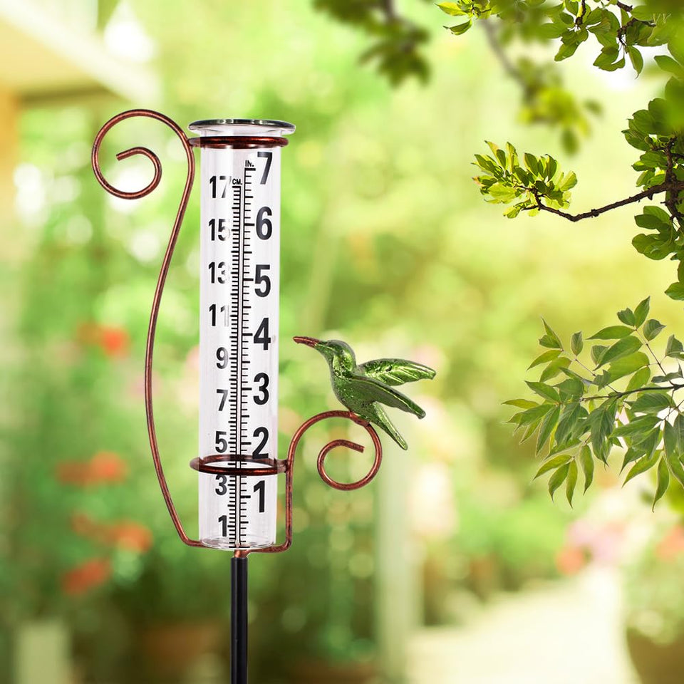 Venniy rain gauge outdoor glass hummingbird stake measuring rainfall.
