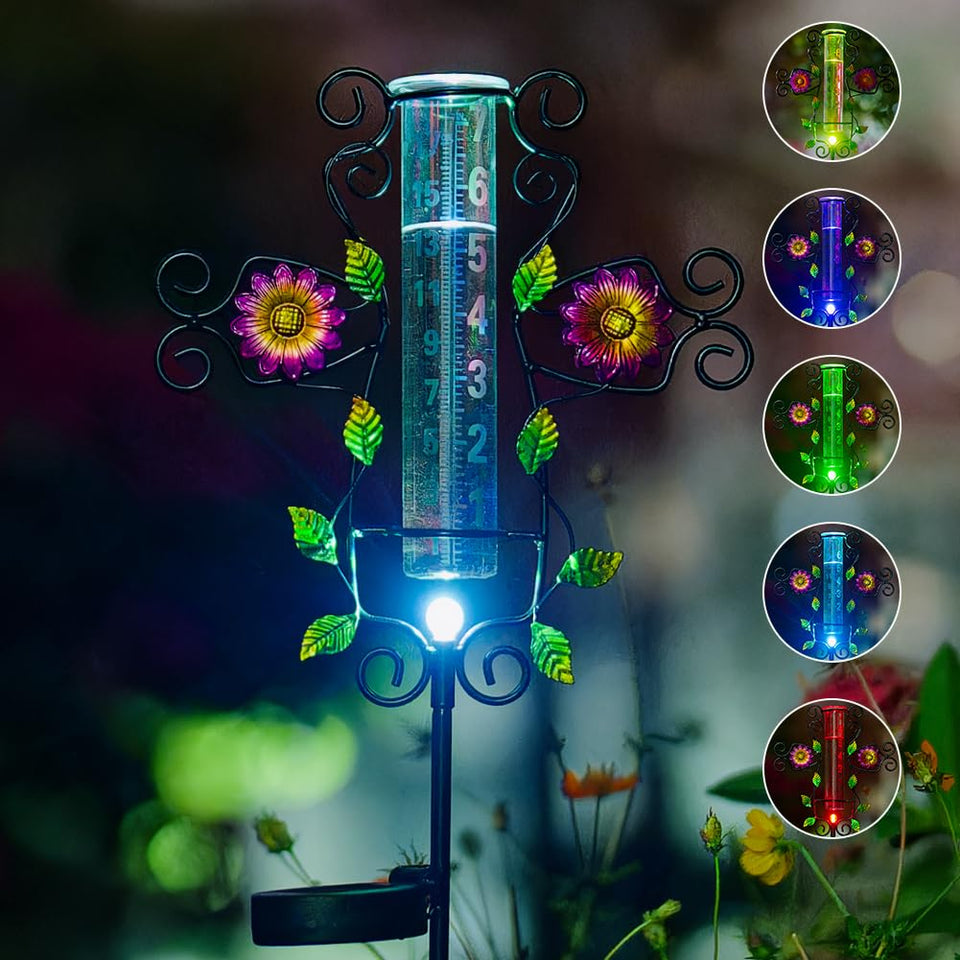 Venniy rain gauge with color changing LEDs enhances flower design decor at night