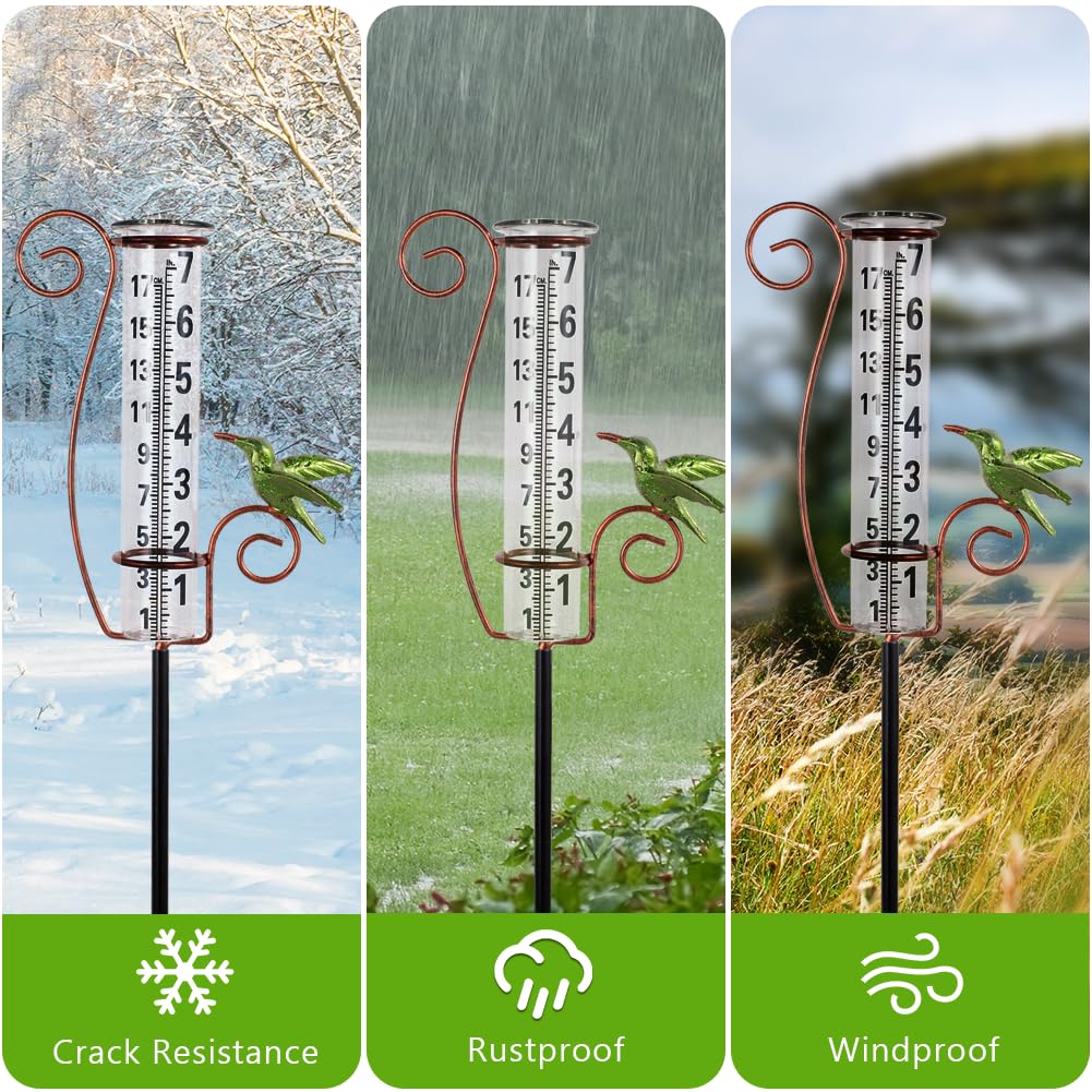 Venniy rain gauge yard decor beside plants and lawn.
