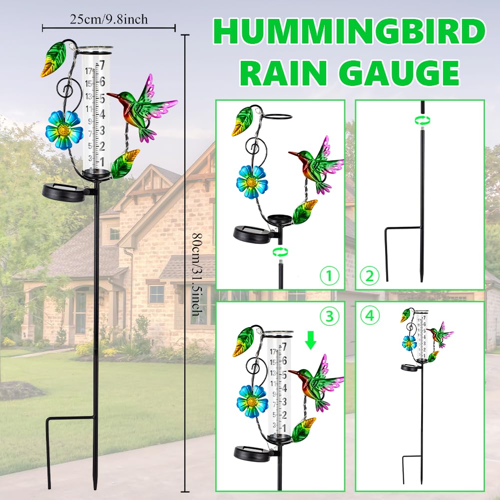 Venniy solar-powered rain gauge charges by day for evening illumination.