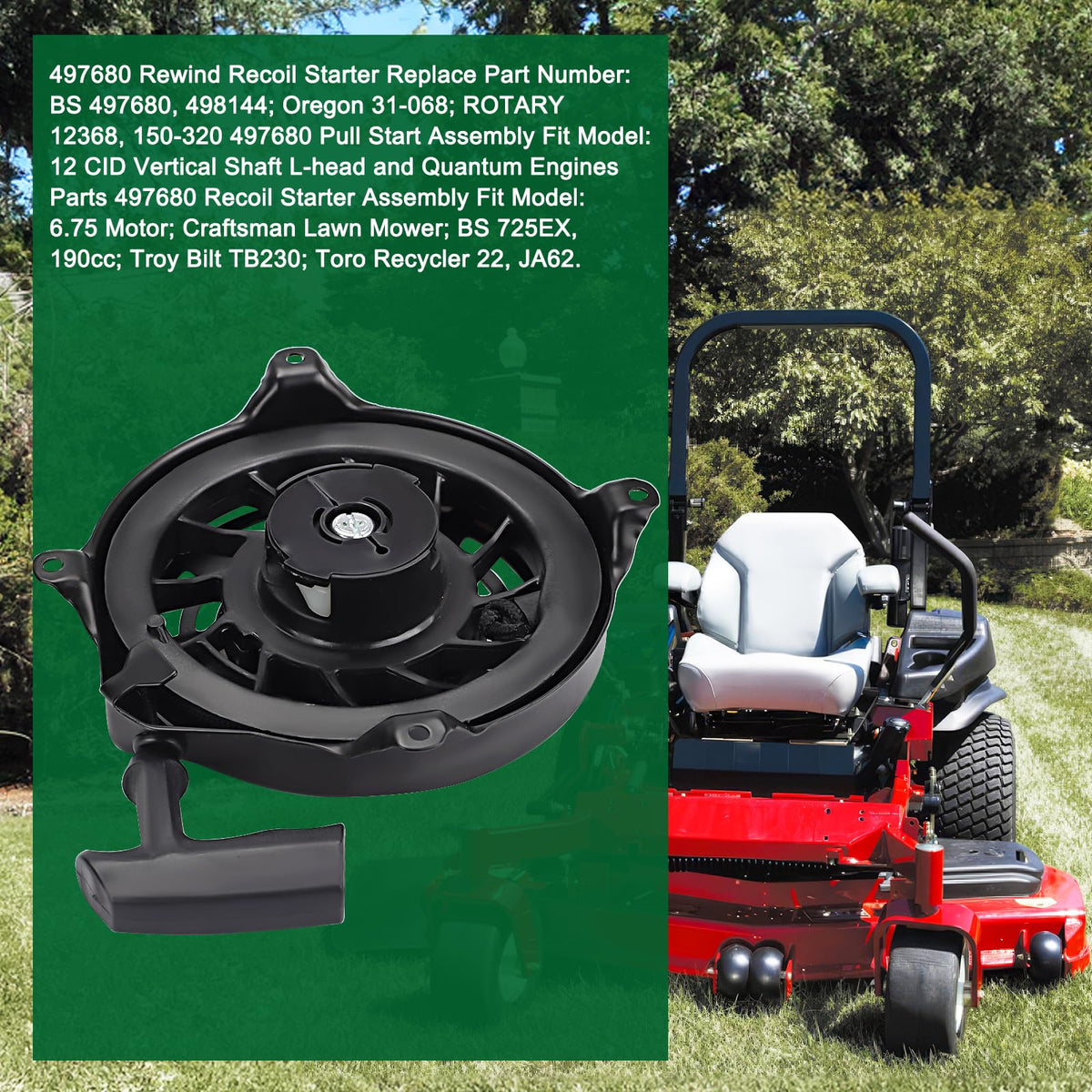 Venseri 497680 recoil starter close-up reveals robust pull mechanism.