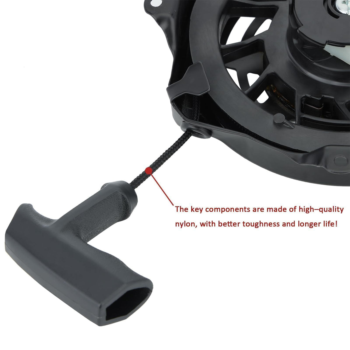 Venseri 497680 recoil starter mounted on mower with compatible hardware.