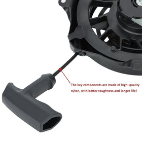 Venseri 497680 recoil starter mounted on mower with compatible hardware.