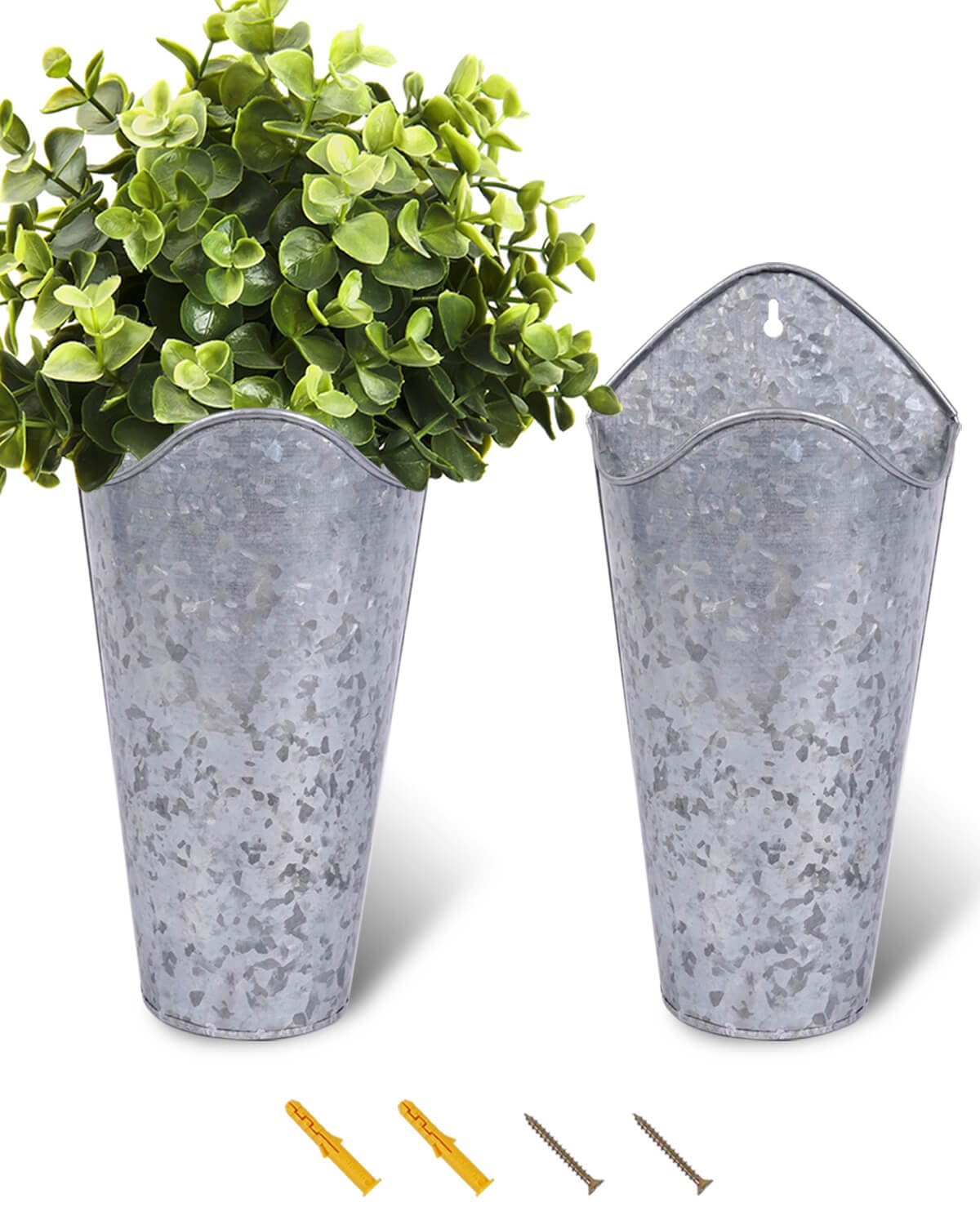 vensovo 12-inch galvanized wall vases in silver add vertical rustic charm to entryways.