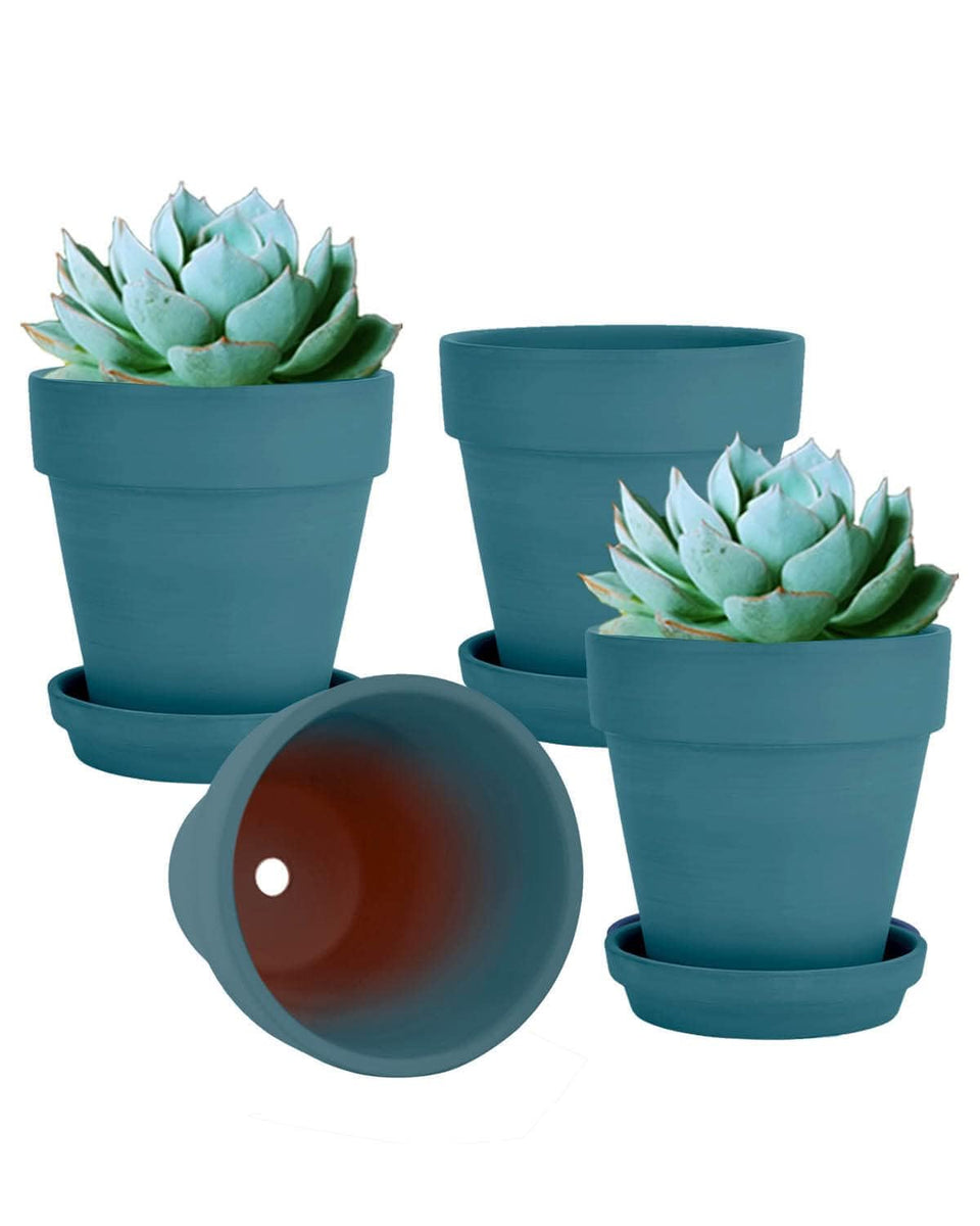vensovo 6-inch steel blue terracotta pot with saucer for indoor plants, keeps surfaces clean