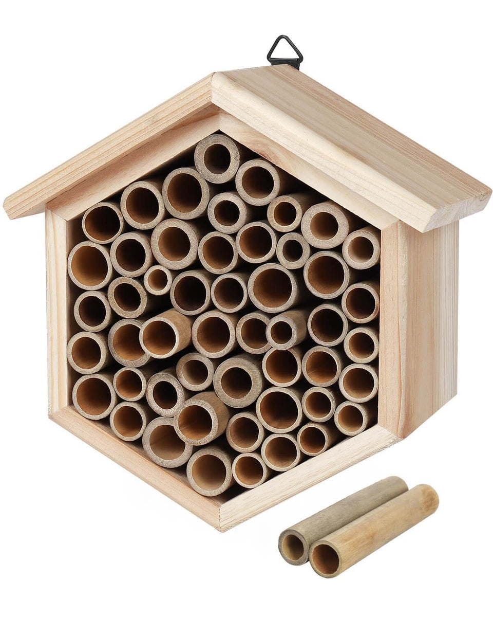 vensovo mason bee house with replaceable bamboo tubes in outdoor setting