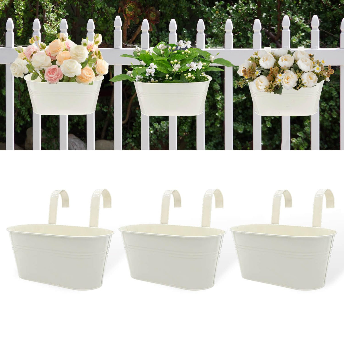 Vensovo oval railing planter in cream white for compact balcony gardens