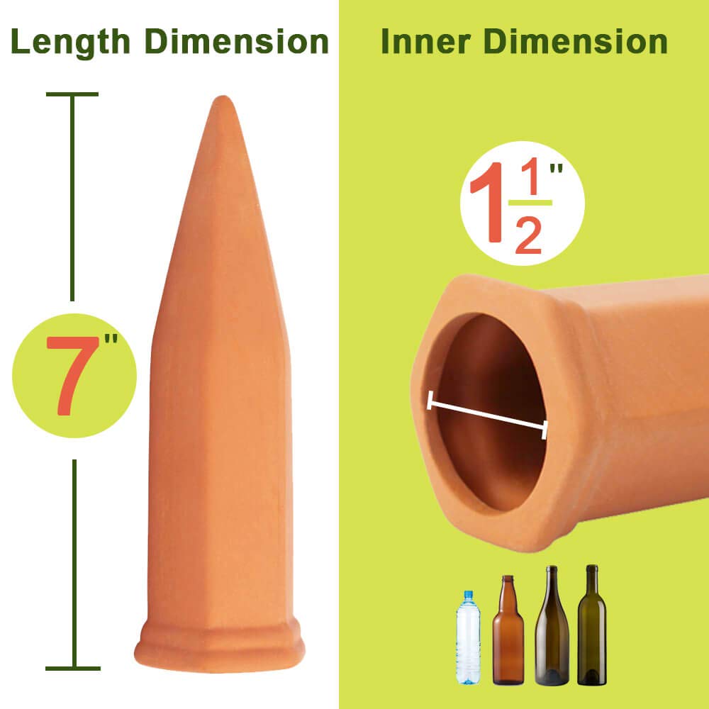 Vensovo wine bottle connector with terra cotta spike for drip irrigation.