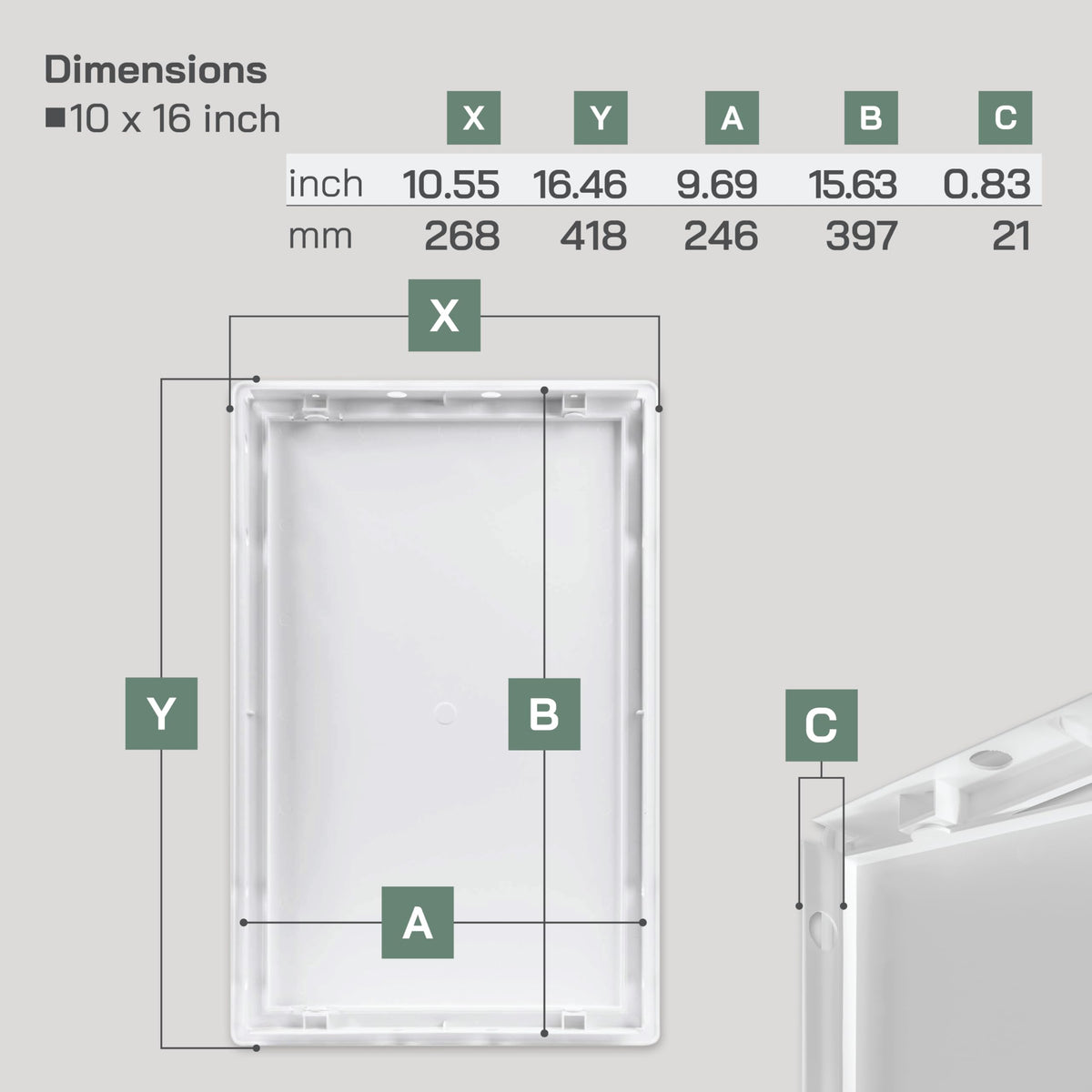Vent Systems white ABS access panel side view highlighting slim profile for tight spaces