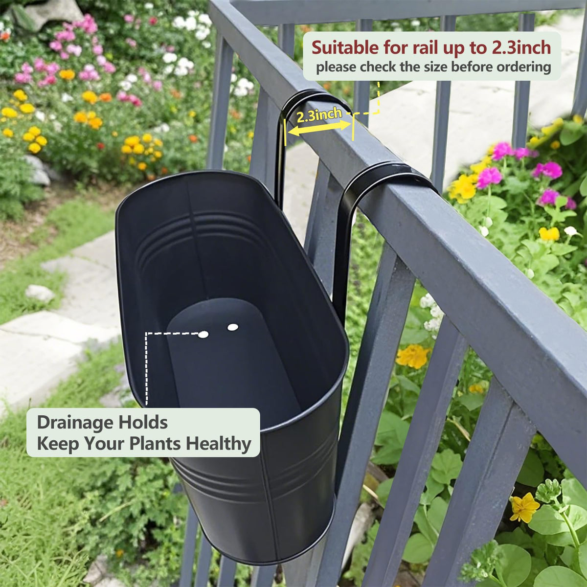 Venyat fence hanging planter decorates balcony with vibrant flowers.