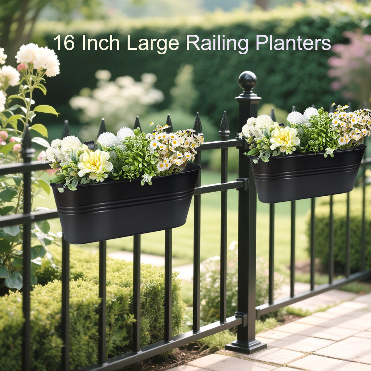 Venyat railing planter with ample 16x5-9x5-9 space for soil and roots.