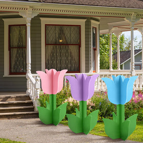 Wooden tulip signs stand freely for easy spring displays.