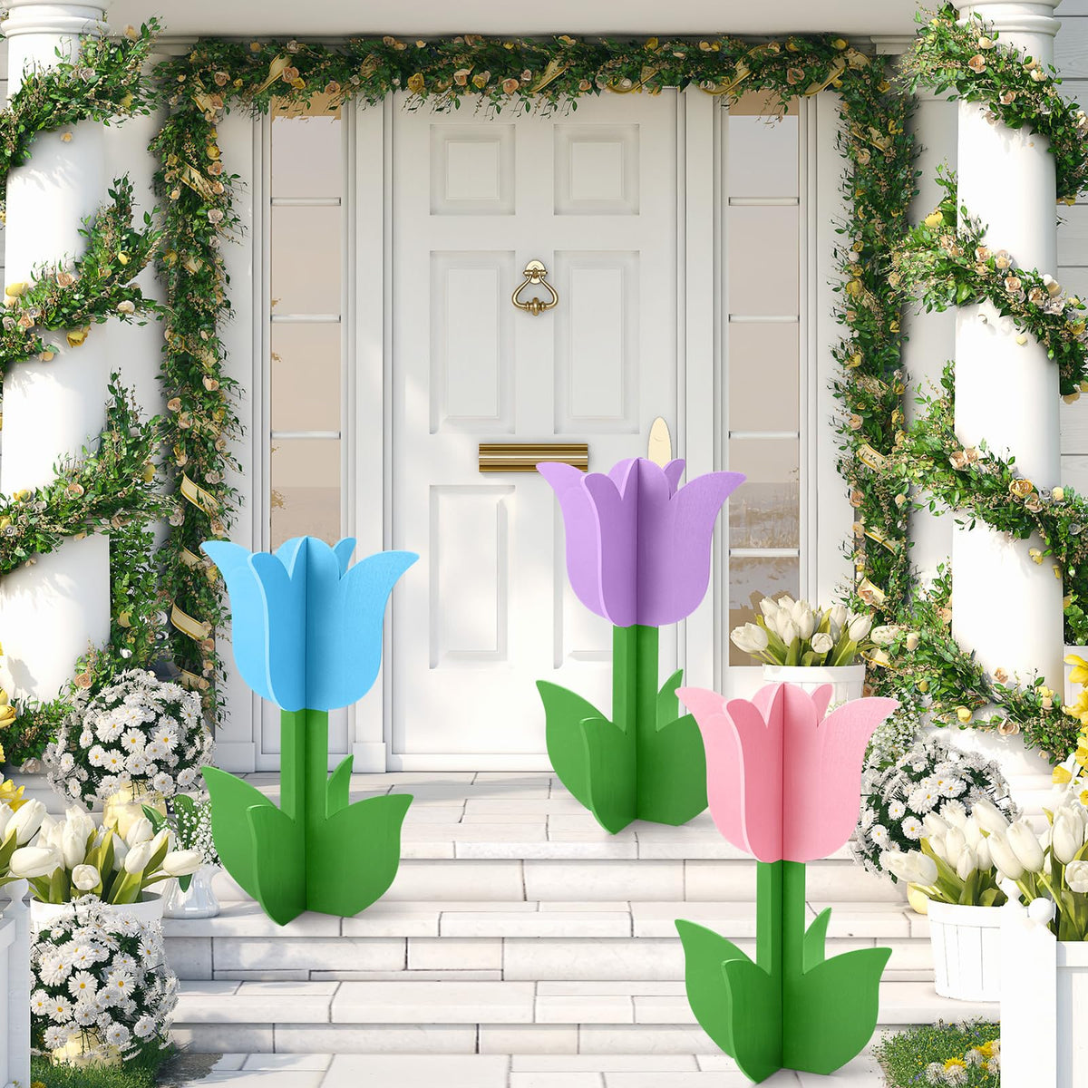 Vercraft spring tulip signs rise about 40 cm for balanced outdoor decor.