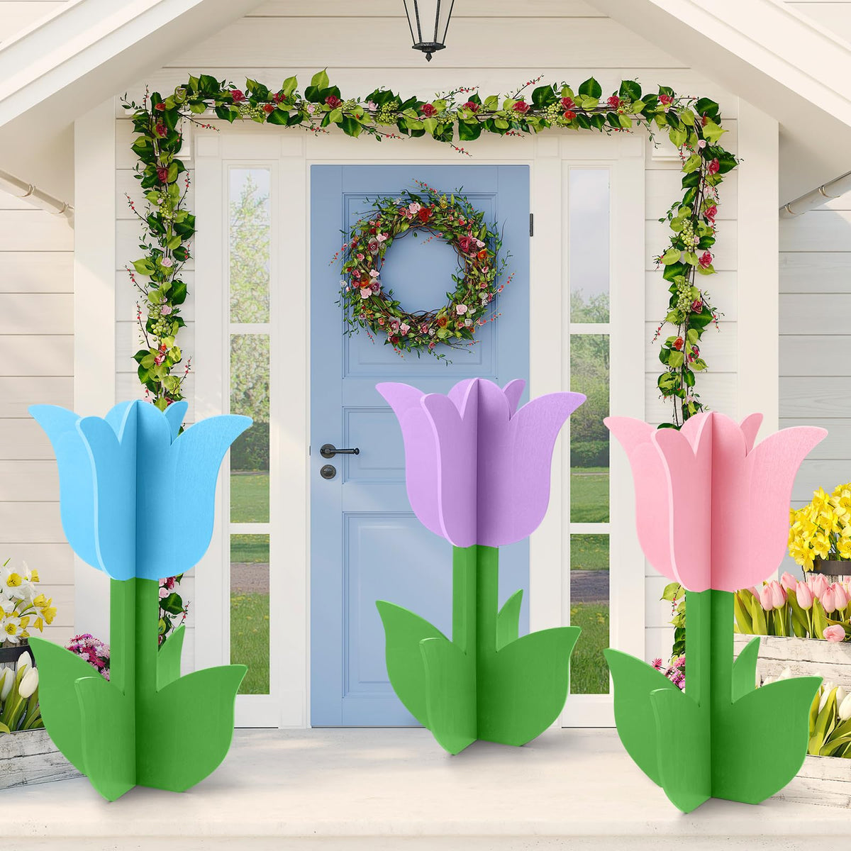 Vercraft spring tulip signs side view enhances porch and garden decor.
