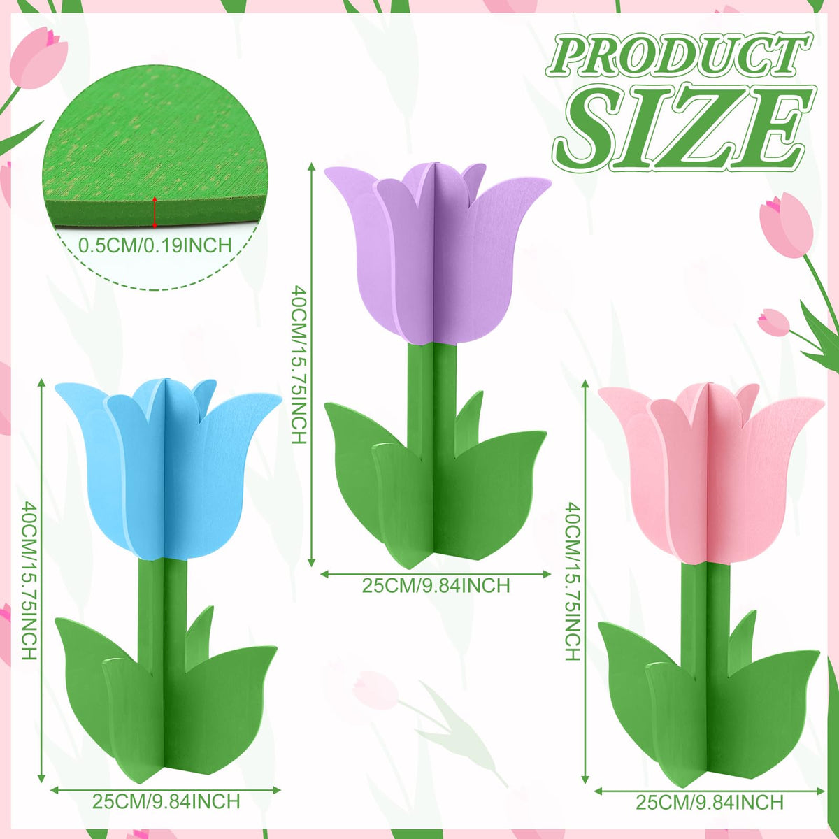 Colorful wooden tulips by Vercraft brighten indoor spaces with rustic charm.