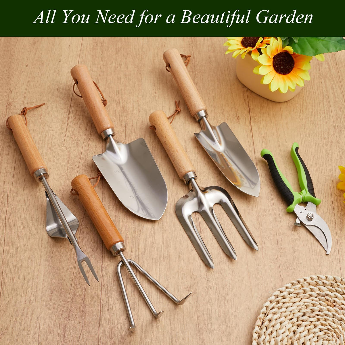 VerdantVibes ergonomic wood handles for comfortable grip reducing wrist fatigue.