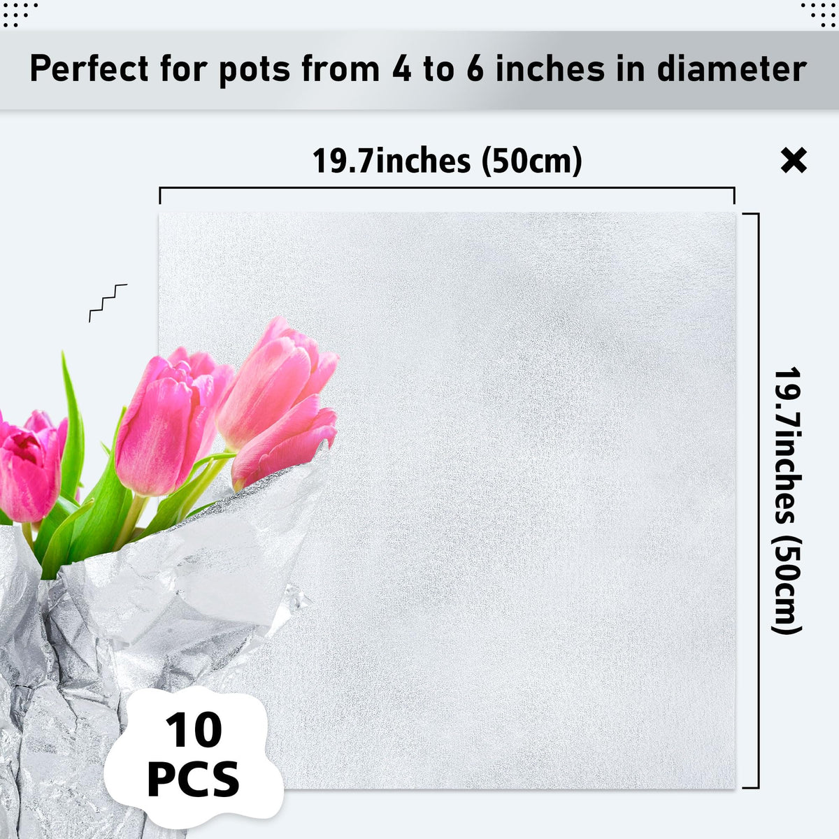 Verdanzia 50x50 cm foil wrap fits standard nursery pots and trims easily.