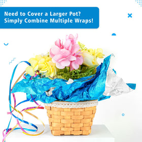 Verdanzia blue floral wrap ready to cover a nursery pot.