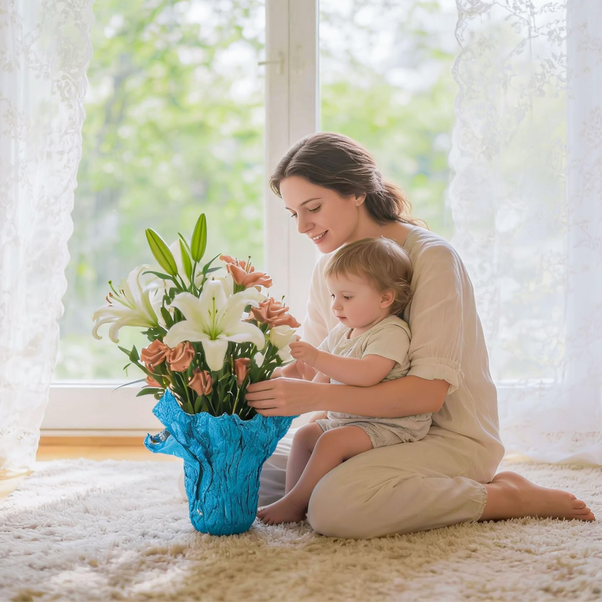 Verdanzia waterproof foil wrap protects surfaces around potted plants.
