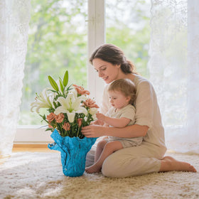 Verdanzia waterproof foil wrap protects surfaces around potted plants.