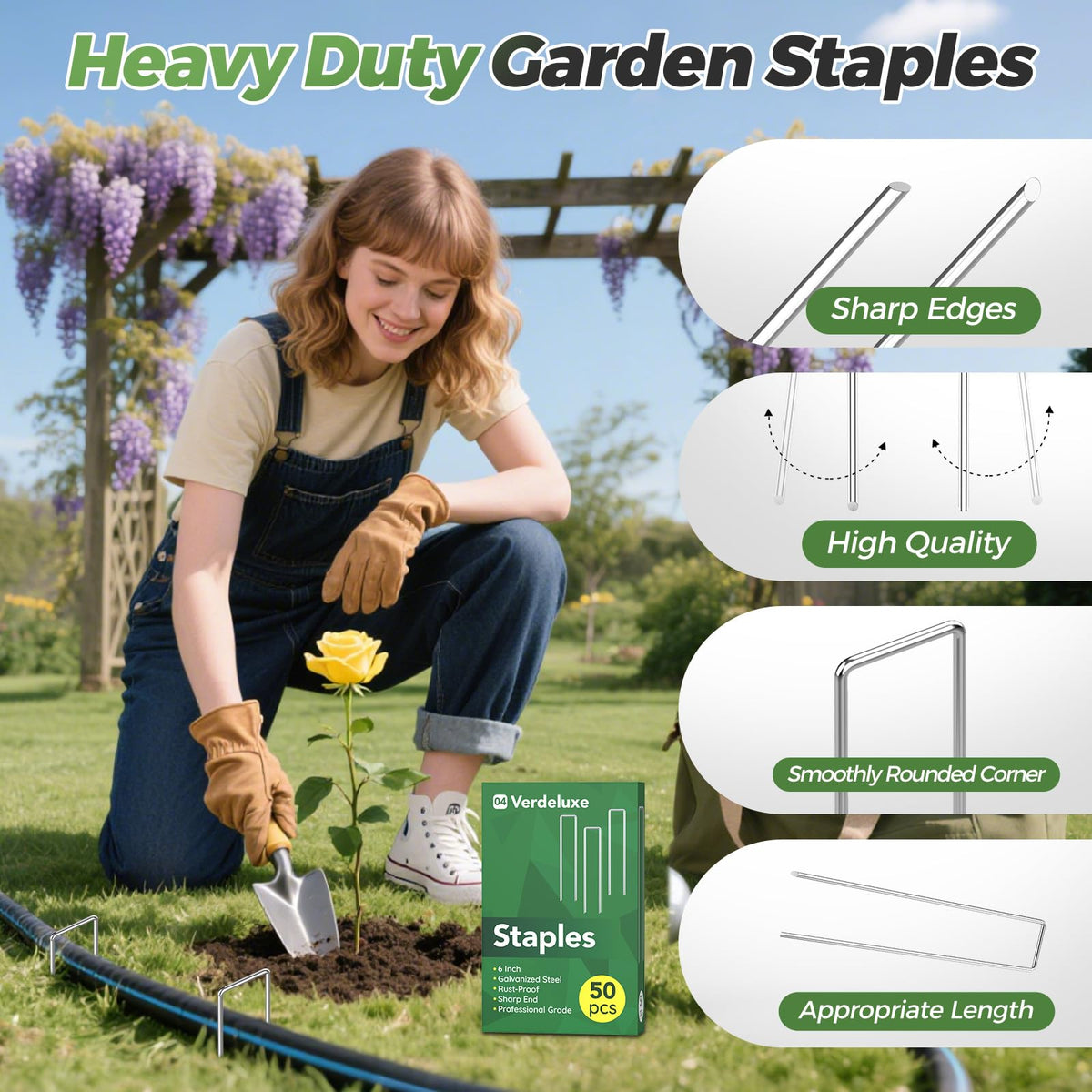 Verdeluxe U-shape stake secures plastic mulch and fabric reliably