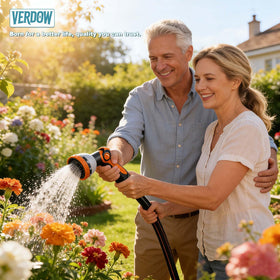 VERDOW ten-function spray nozzle offers versatile spray patterns for washing and watering.