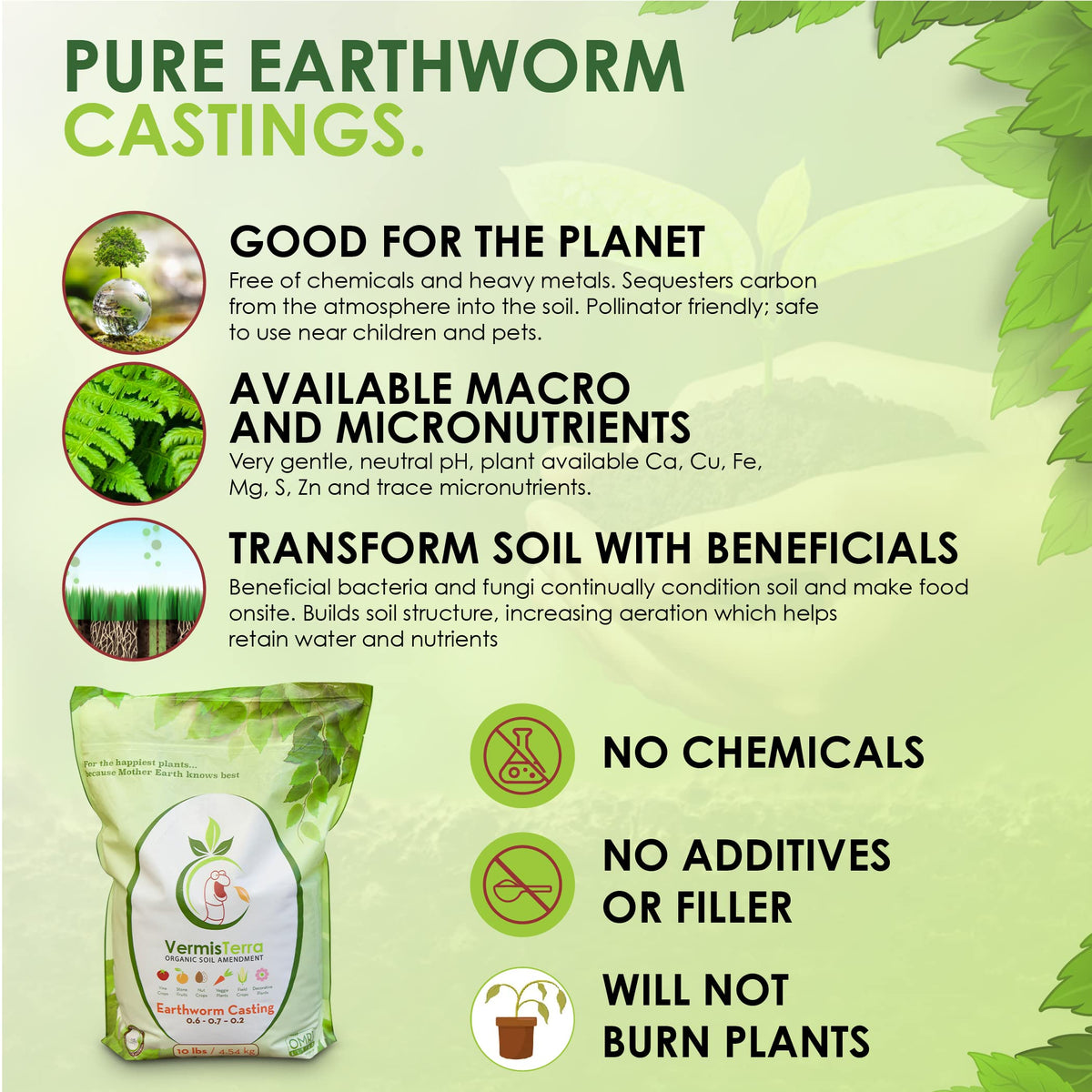 VermisTerra castings bag back label showing organic certification and safety notes.
