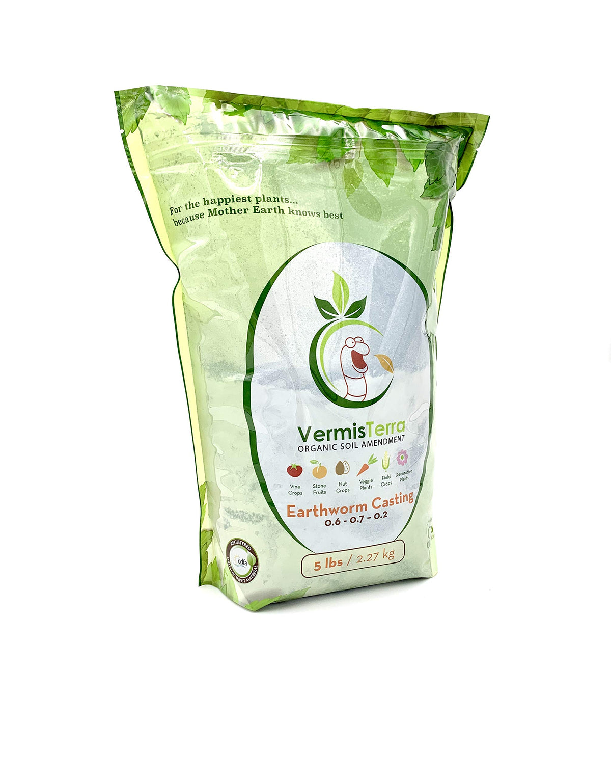 VermisTerra Earthworm Castings bag front view, 5 lb packaging for soil rejuvenation.