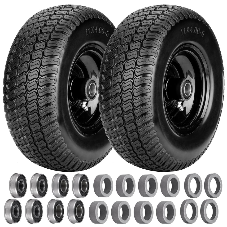 Vershin 11x4-5 flat-free front tire assembly for zero-turn mowers.