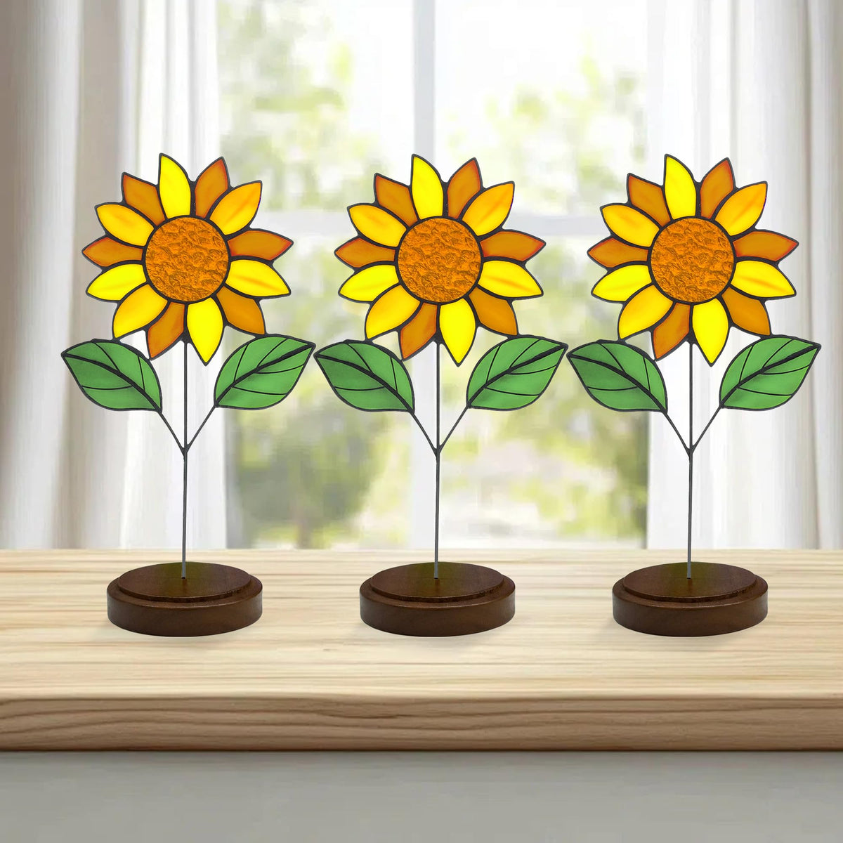 Verssure stained glass iris on walnut base offers a timeless decor piece for gifting
