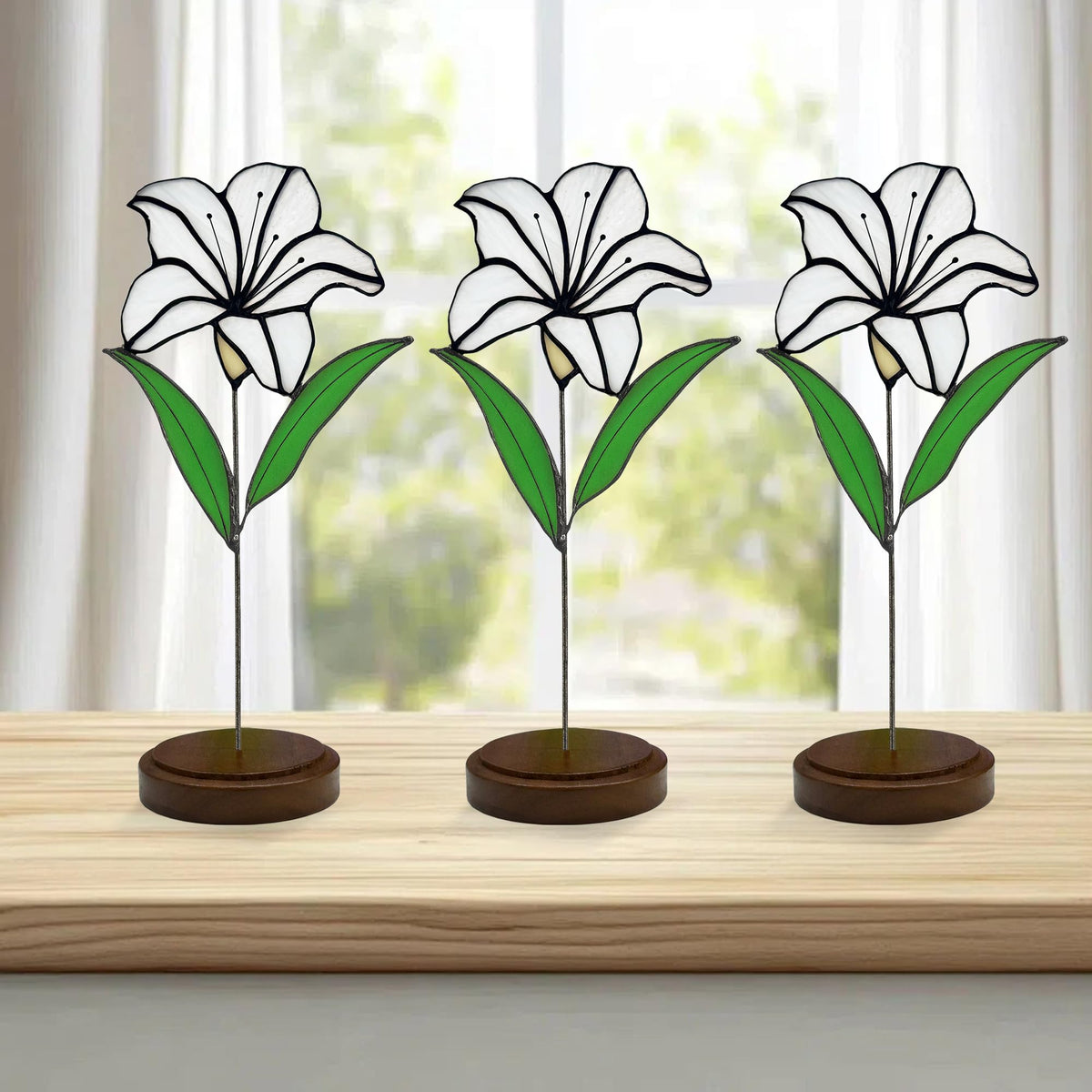 Verssure stained glass lily tabletop display brightens interiors with artful color.