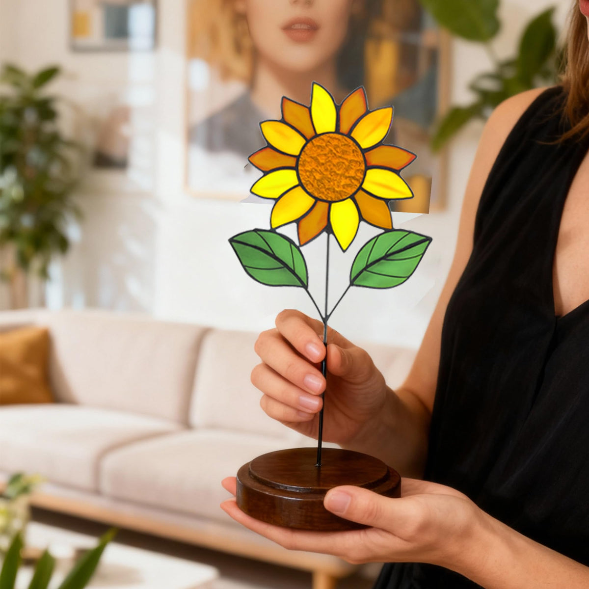 Verssure stained glass rose on walnut base serves as an elegant focal point in living spaces