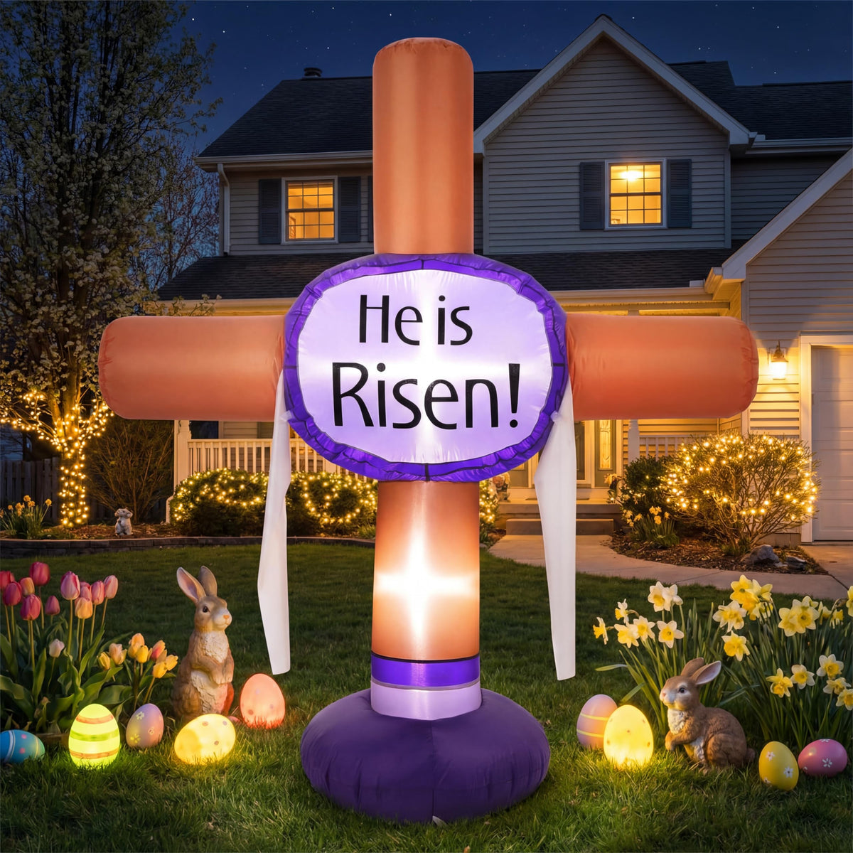 Vertintong Easter cross 6ft illuminated in yard for outdoor decor.