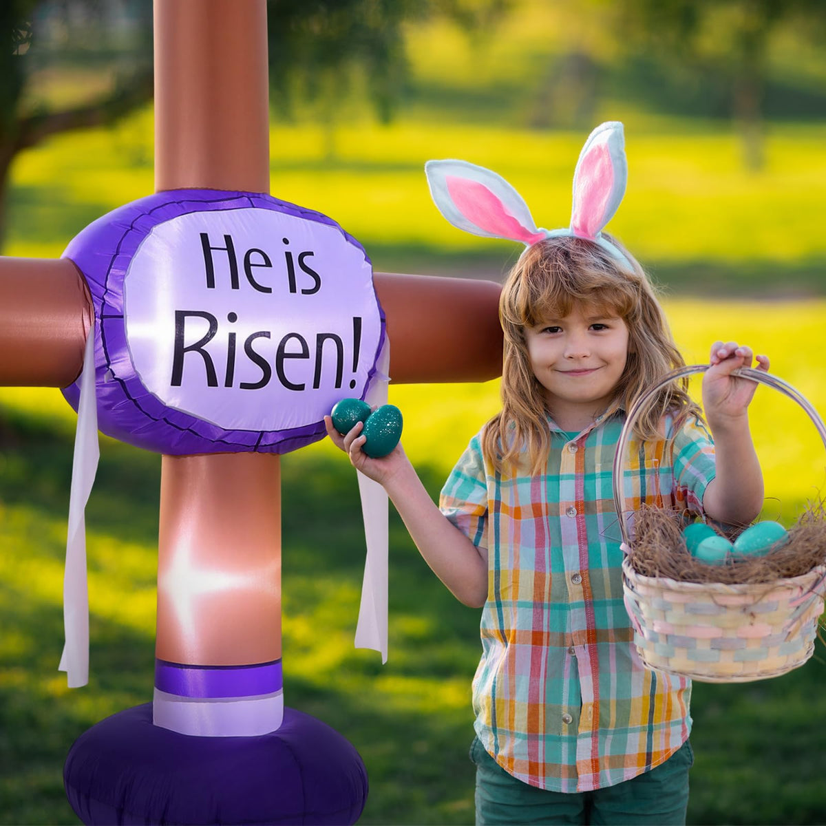 Vertintong Easter cross secured with water bags and stakes for outdoor stability.