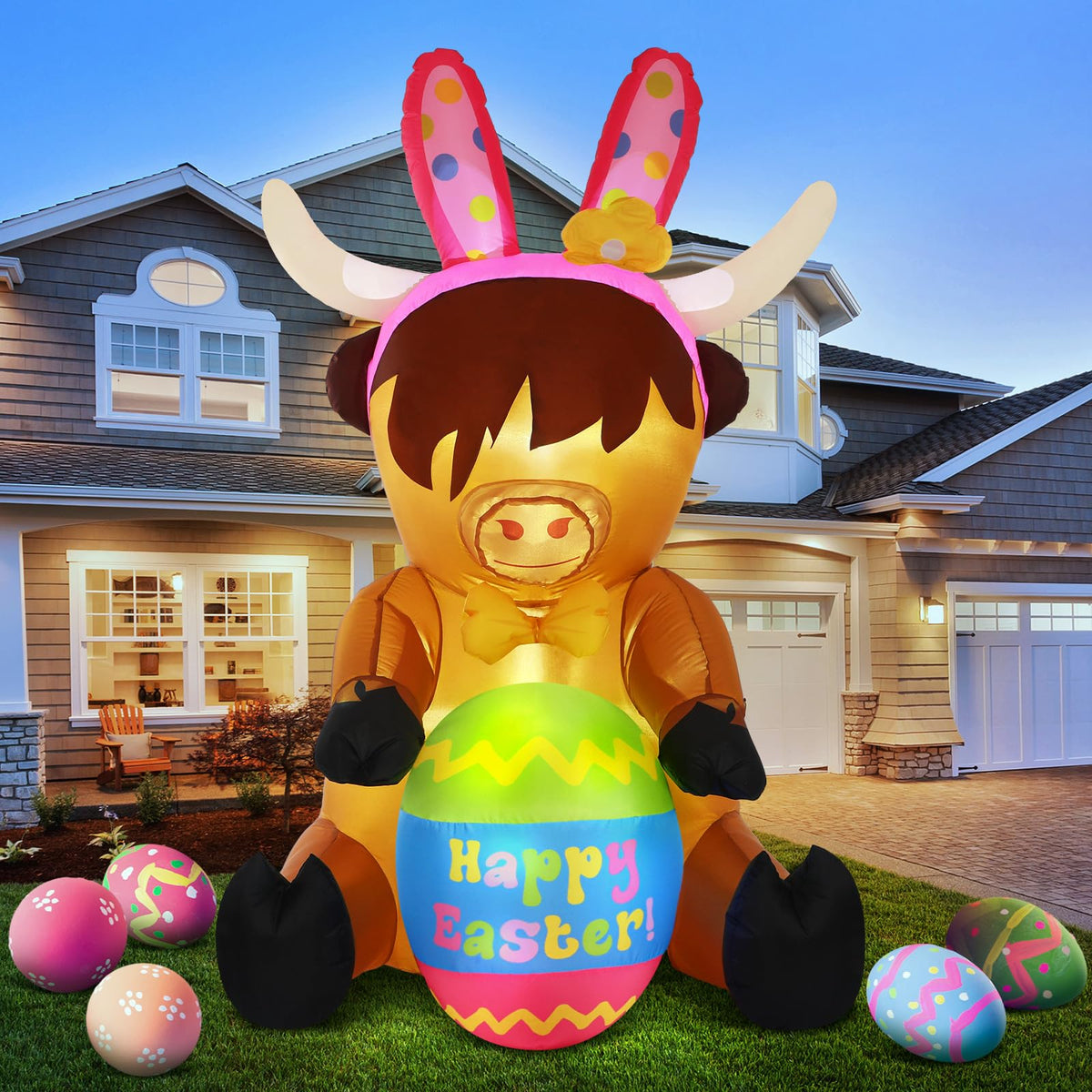 Vertintong Easter Highland Cow inflatable with built-in lights enhances outdoor yard decor