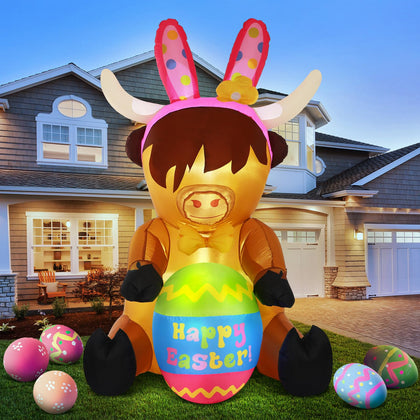 Vertintong Easter Highland Cow inflatable with built-in lights enhances outdoor yard decor