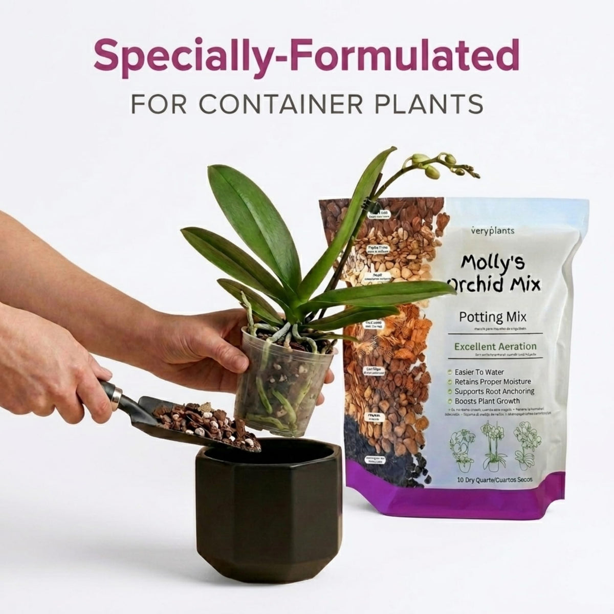 VeryPlants Molly's Orchid Potting Mix bio-char supports moisture retention