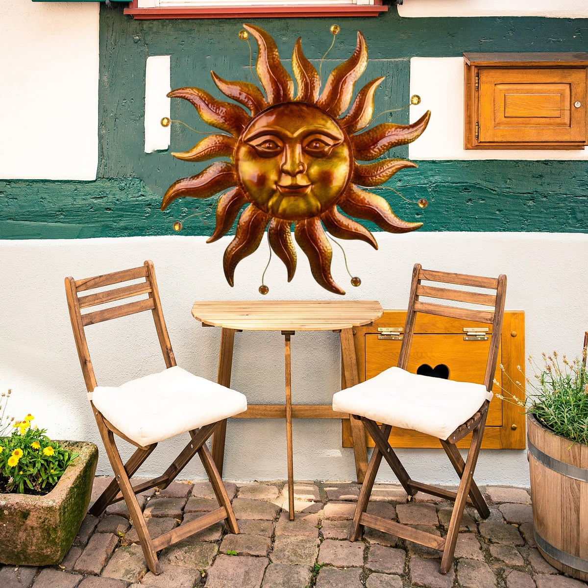 VESTCDF sun wall decor close-up reveals rustic retro charm for porches.
