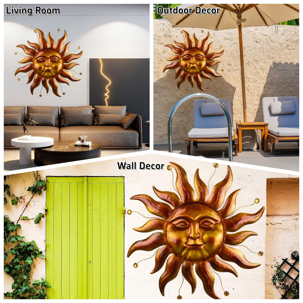 VESTCDF gold sun wall art complements living rooms and patios alike.