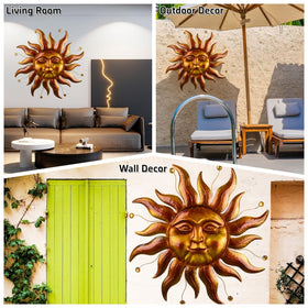 VESTCDF gold sun wall art complements living rooms and patios alike.