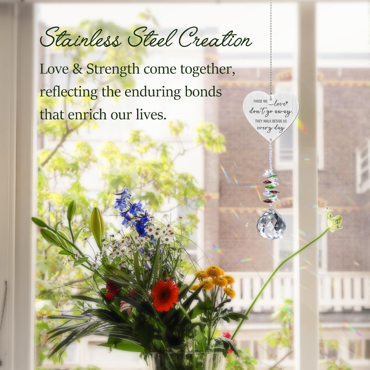 Vetbuosa memorial suncatcher on a window frame enhances comforting ambience