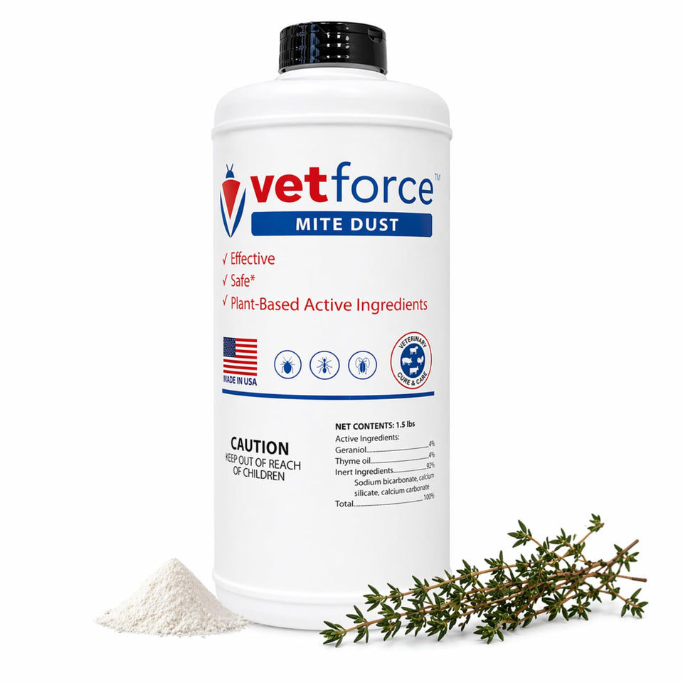 Vetforce Mite Dust bottle close-up for precise indoor pest control