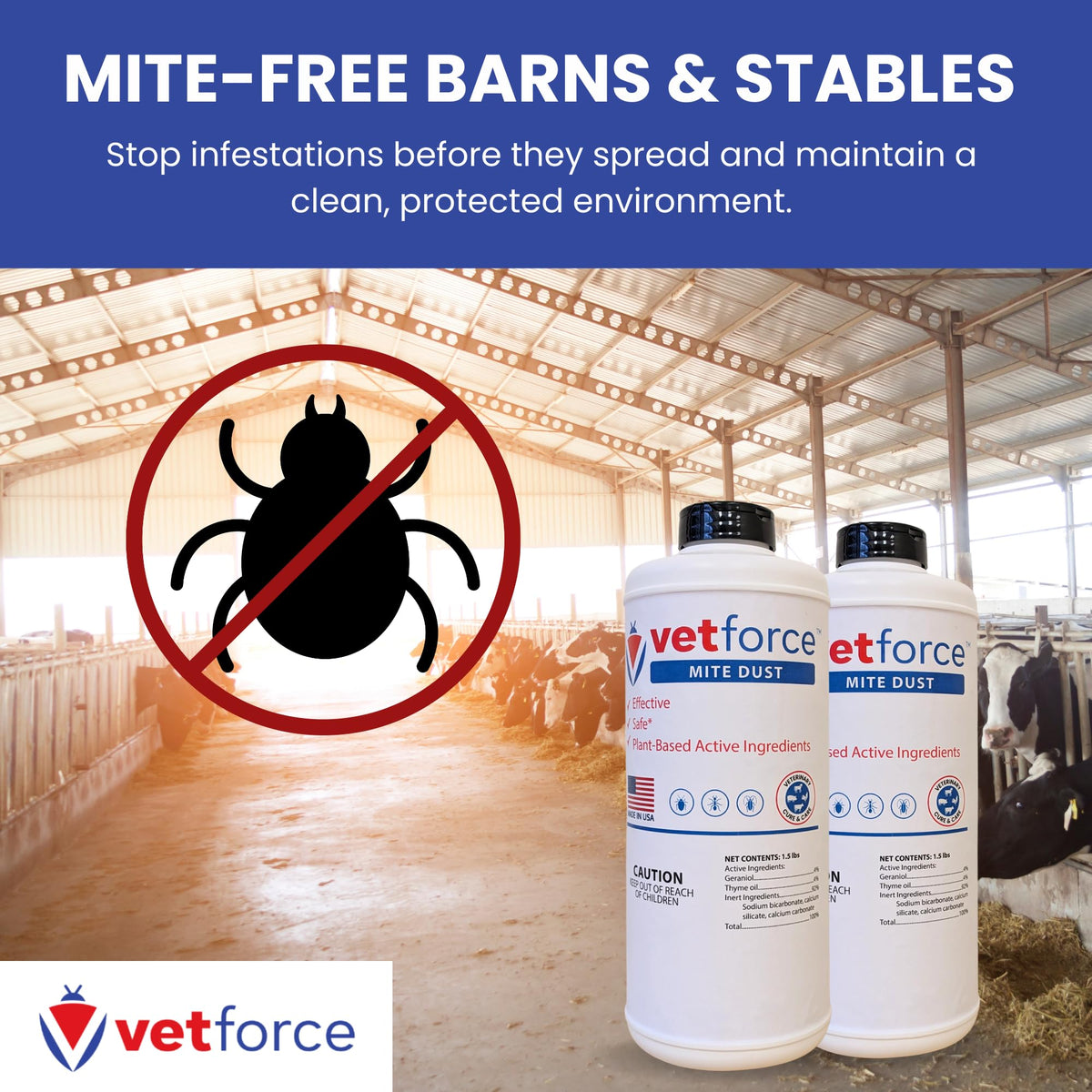 Vetforce Mite Dust suitable for basements, attics, and barns